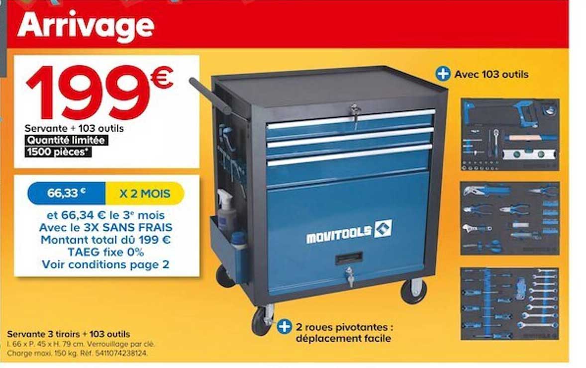 Servante 3 Tiroirs + 103 Outils Movitools