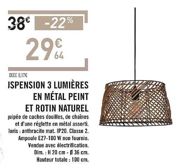 suspension 3 lumières en métal peint et rotin naturel