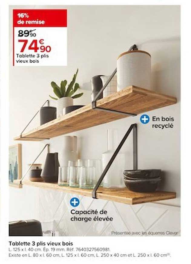 tablette 3 plis vieux bois