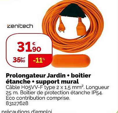 zenitech prolongateur jardin + boitier étanche + support mural