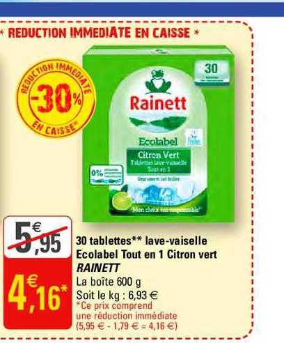 30 tablettes lave vaisselle ecolabel tout en 1 citron vert rainett