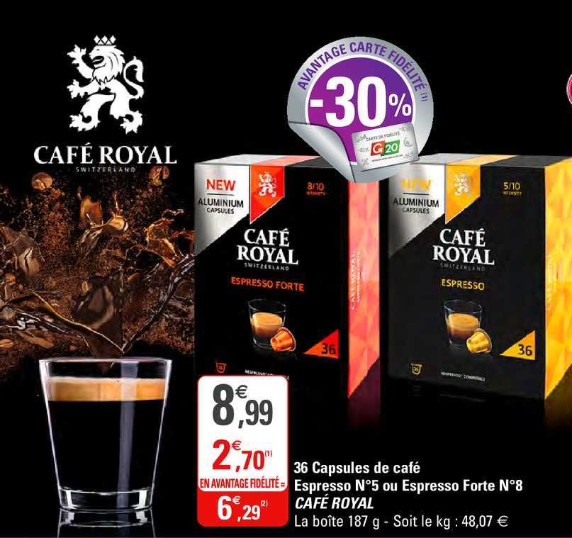 36 capsules de café espresso n°5 ou espresso forte n°8 café royal