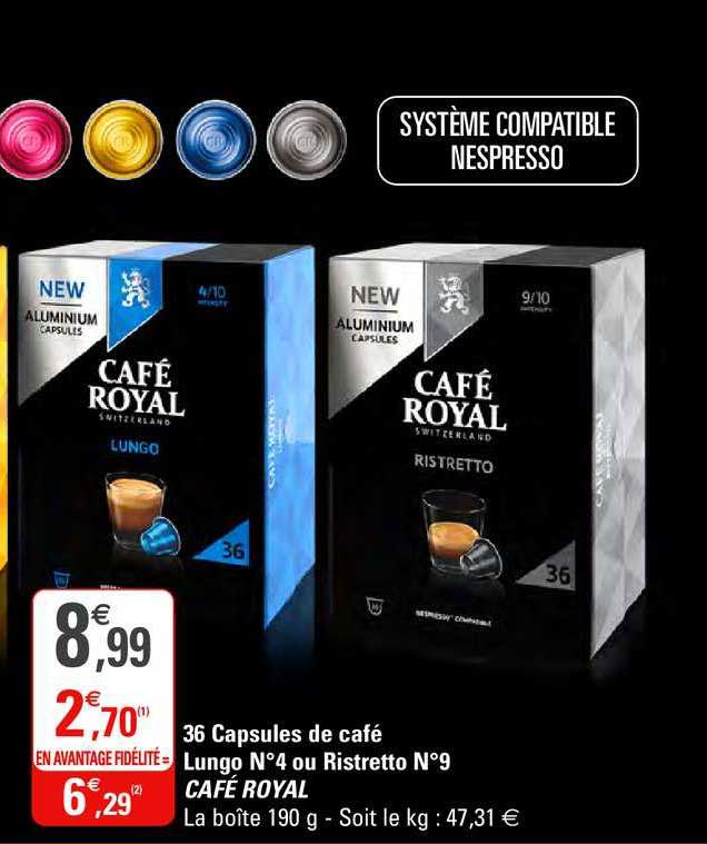 36 capsules de café lungo n°4 ou ristretto n°9 café royal