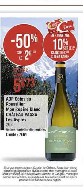 aop côte du roussillon mon repère blanc château passa les aspres -50% sur le 2e