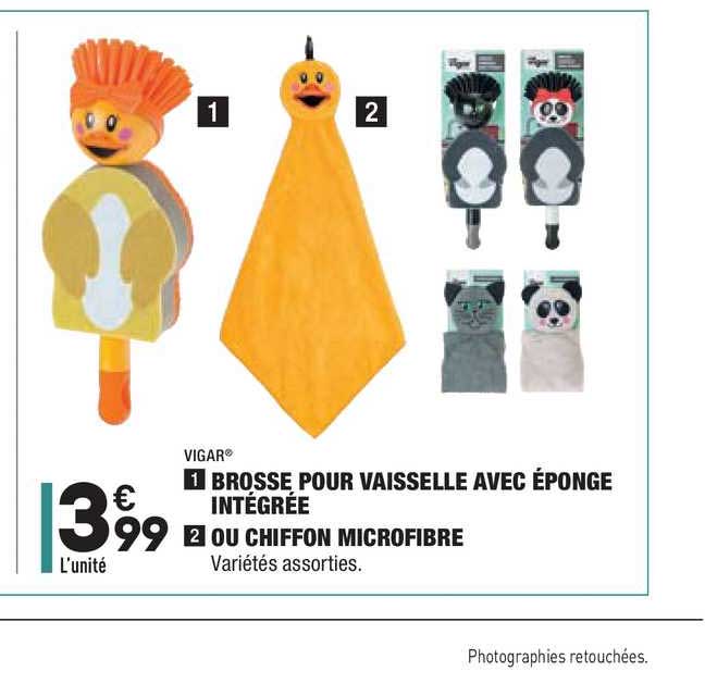 brosse pour vaisselle avec éponge intégrée ou chiffon microfibre vigar