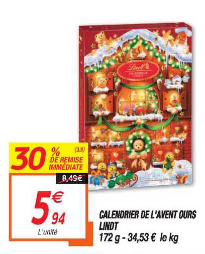 calendrier de l'avent ours lindt 30% de remise immédiate