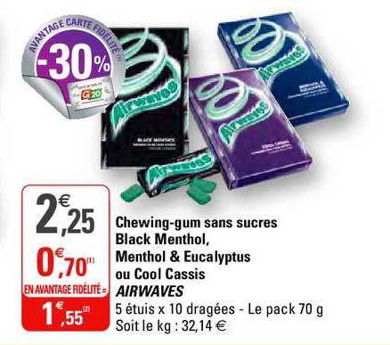 Chewing Gum Sans Sucres Black Menthol Methol & Eucalyptus Ou Cool Cassis Airwaves
