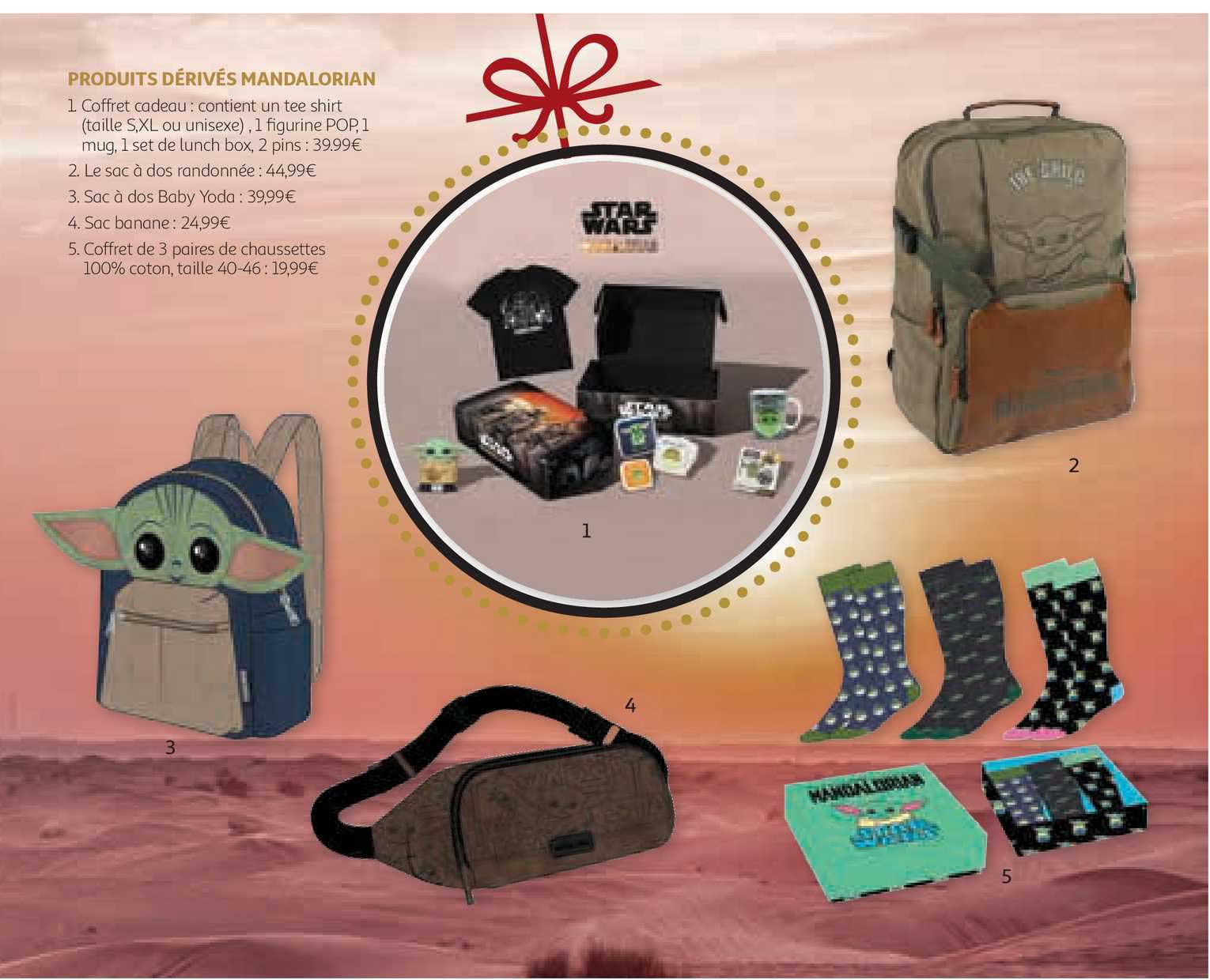 coffret cadeau contient un tee shirt, 1 figurine pop, mug, le sac à dos randonnée, sac à dos baby yodo, sac banane, coffret de 3 paires de chaussette