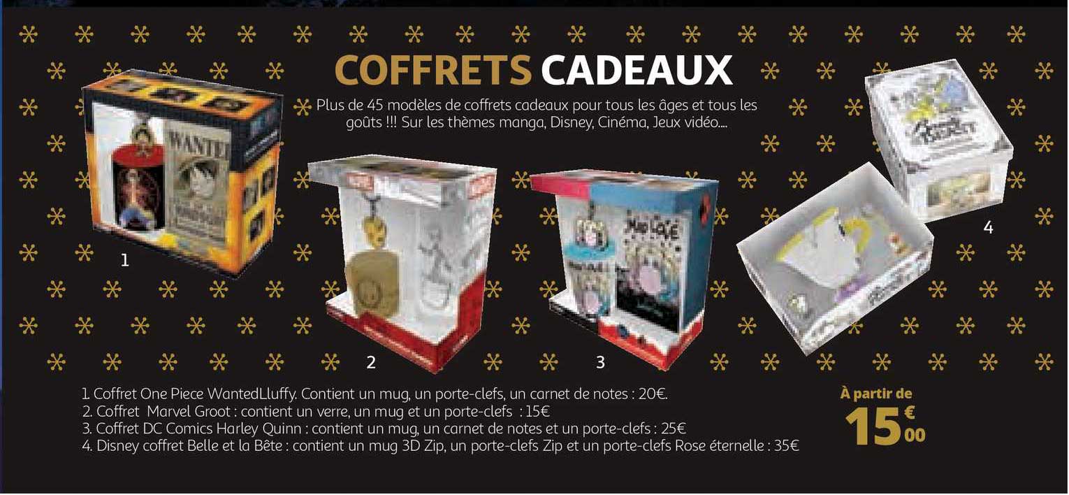 coffret one piece wantedlluffy, coffret marvel groot, coffret dc comics harley quinn, disney coffret belle et la bête