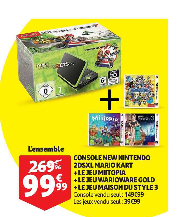 console new nintendo 2dsxl mario kart + le jeu miitopia + le jeu warioware gold + le jeu maison du style 3