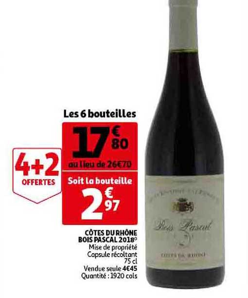 côtes du rhône bois pascal 2018 4+2 offertes