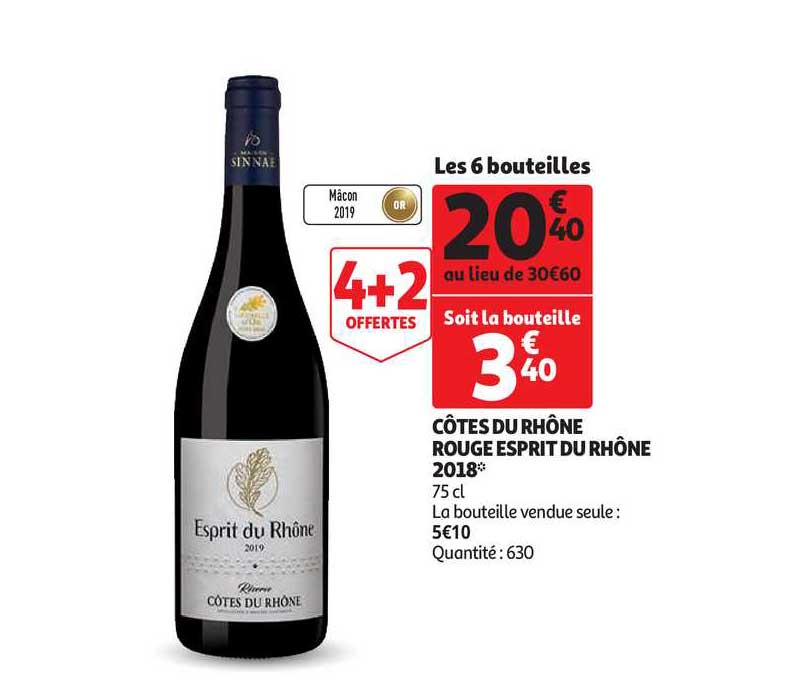 côtes du rhône rouge esprit du rhône 2018 4+2 offertes