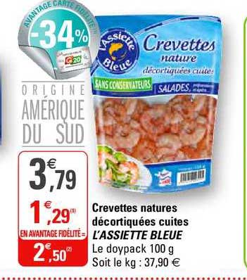crevettes natures décortiquées cuites l'assiette bleue