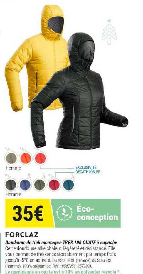 Doudoune De Trek Montagne Trek 100 Ouate à Capuche Forclaz