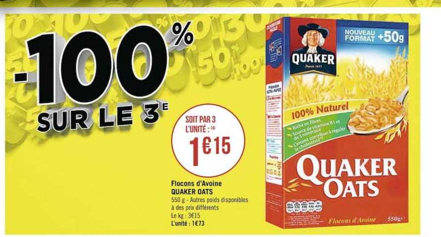 flocons d'avoine quaker oats -100% sur le 3e