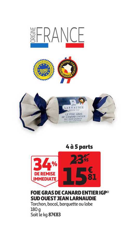 foie gras de canard entier igp sud ouest jean laranaudie 34% de remise immédiate