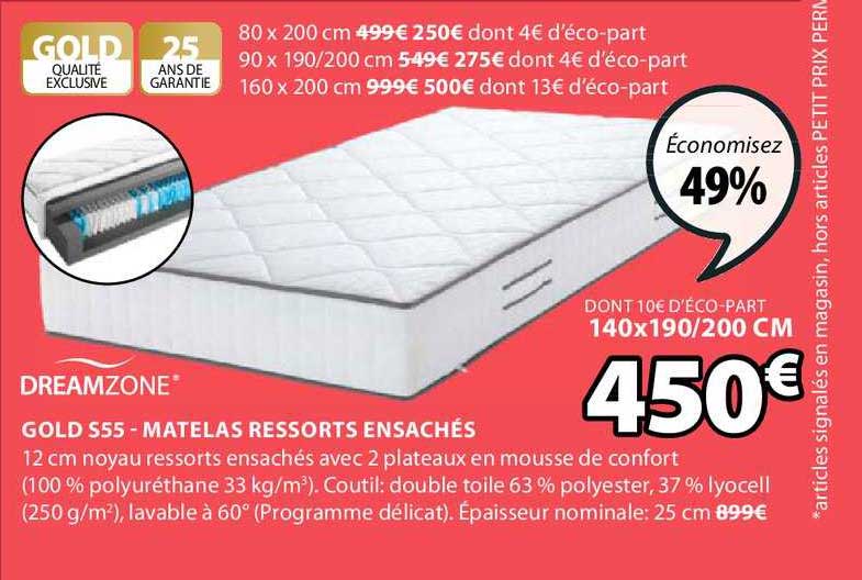 gold s55 matelas ressorts ensachés dreamzone