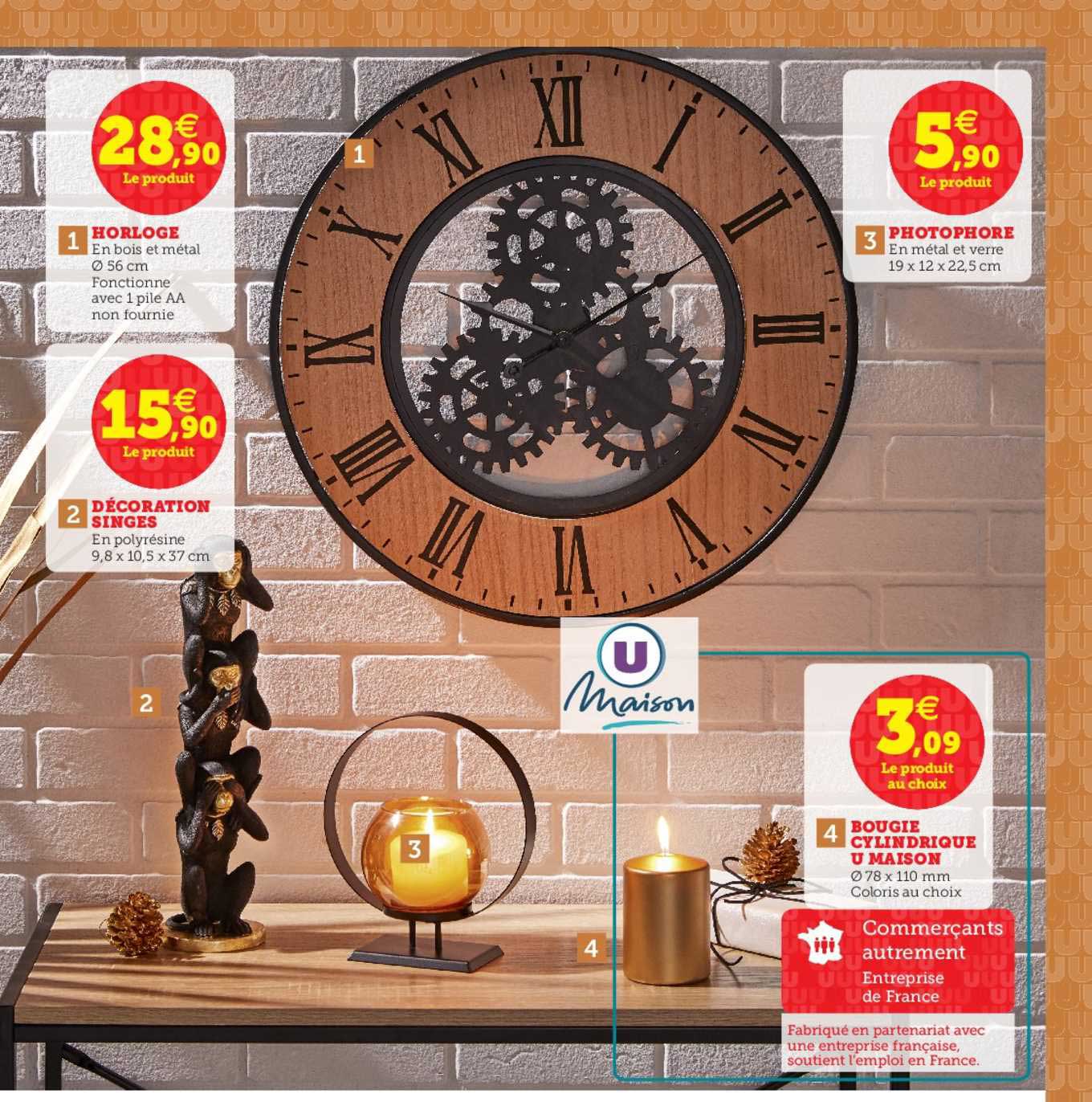 horloge, décoration singes, photophore, bougie cylindrique u maison