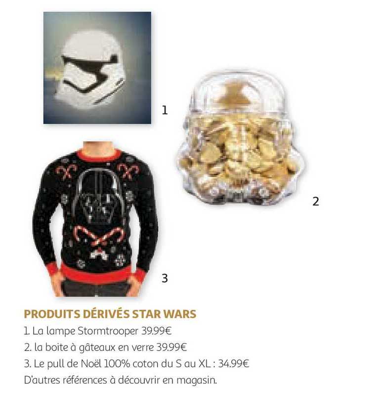 la lampe stormtrooper, la boîte à gâteaux en verre, le pull de noël