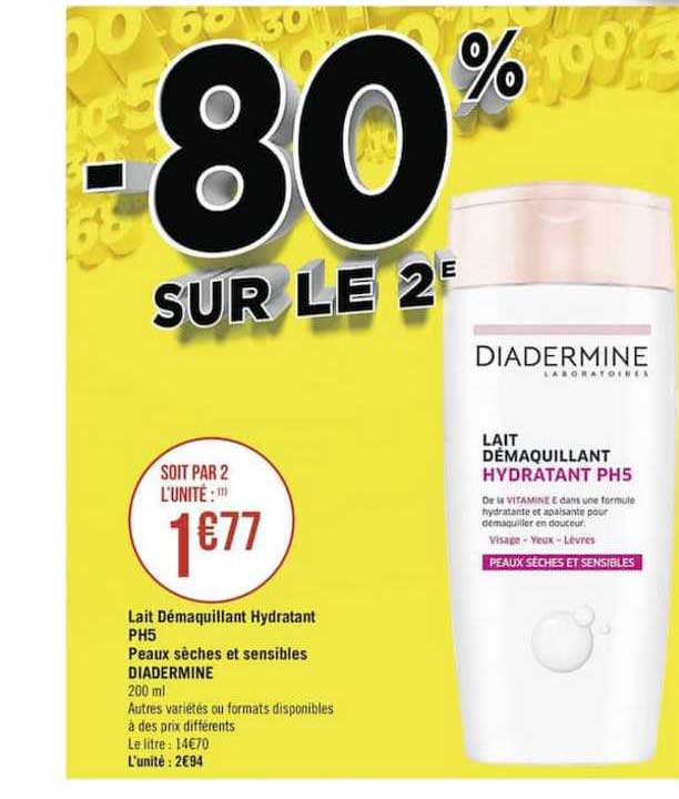 lait démaquillant hydratant ph5 peaux sèches et sensibles diadermine -80% sur le 2e