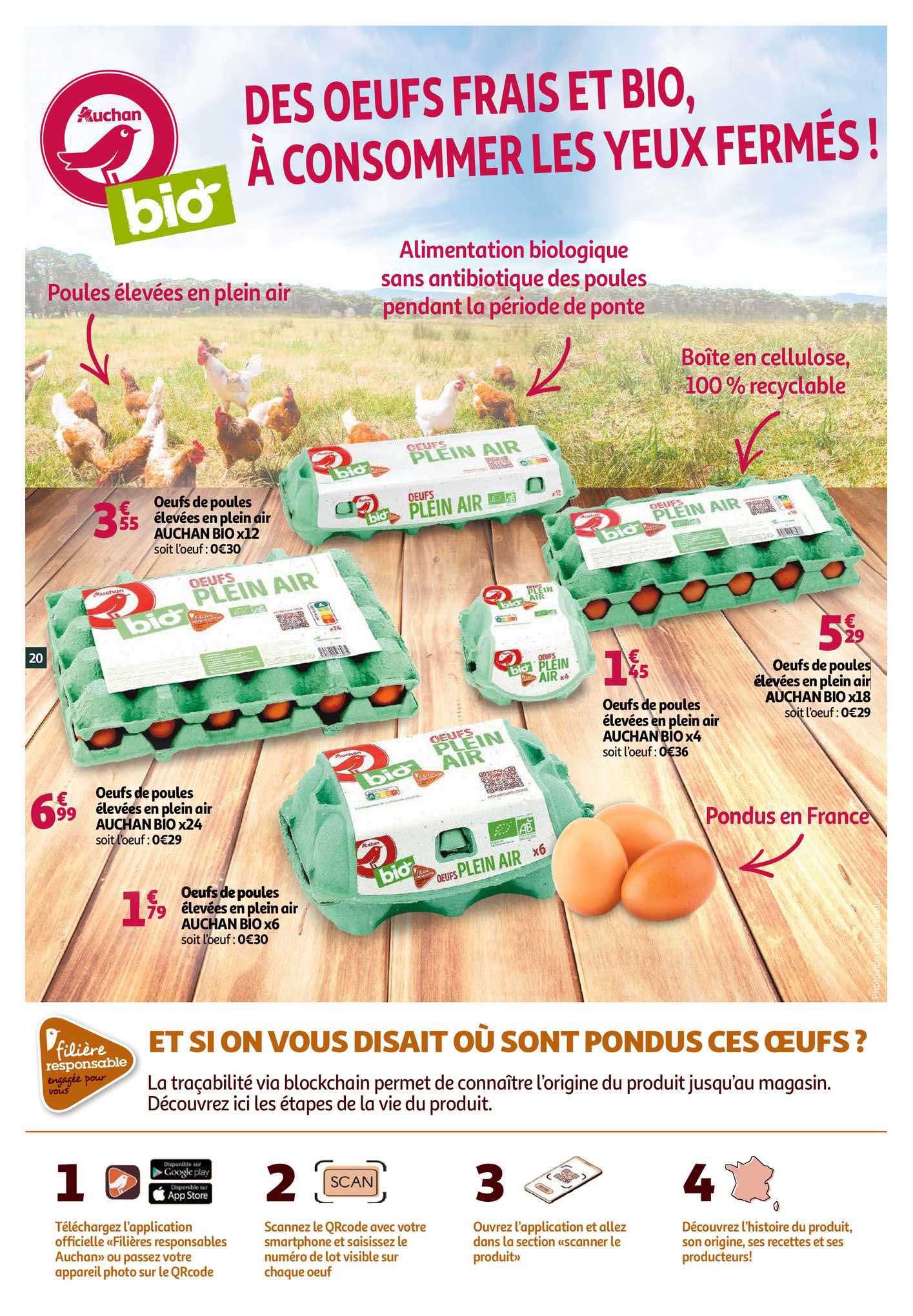 oeufs de poules élevées en plein air auchan bio x 12 , x 24, x 6 , x 4 , x 18