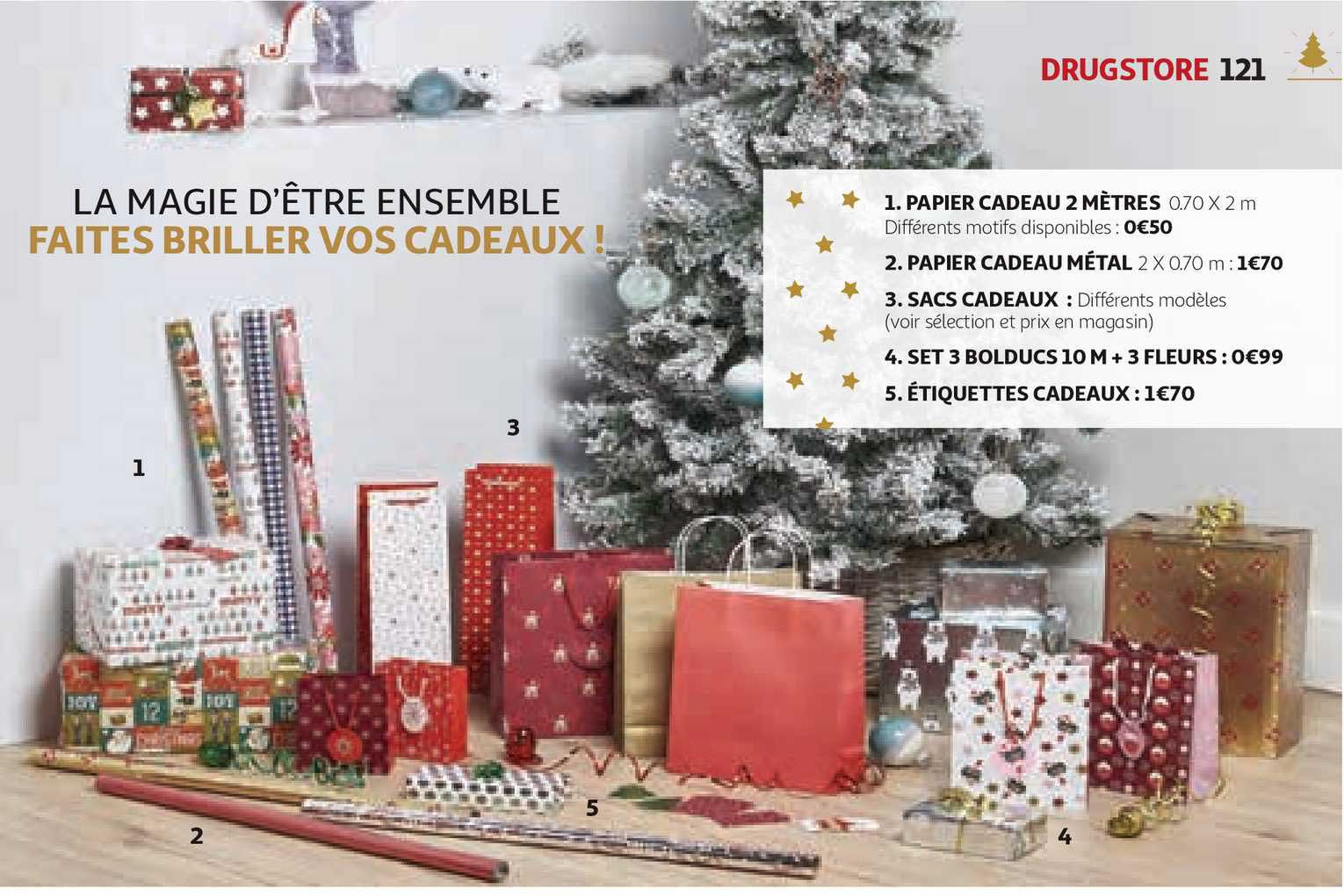 papier cadeau 2 mètres, papier cadeau métal, sacs cadeaux, set 3 bolducs 10 m + 3 fleurs, étiquettes cadeaux