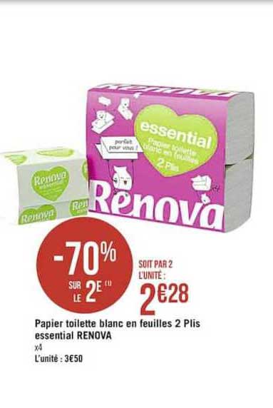 papier toilette blanc en feuilles 2 plis essential renova -70% sur le 2e