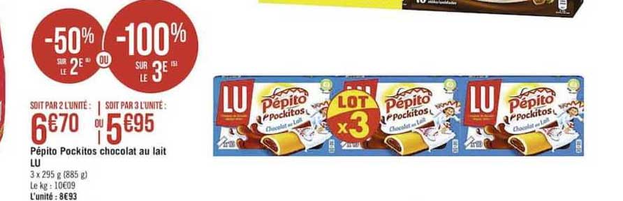 pépito pockitos chocolat au lait lu -50% sur le 2e ou -100% sur le 3e