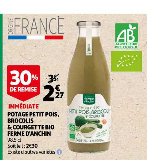 potage petit pois, brocolis & courgette bio ferme d'anchin