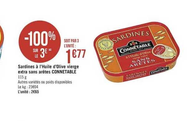 sardines à l'huile d'olive vierge extra sans arêtes connetable -100% sur le 3e