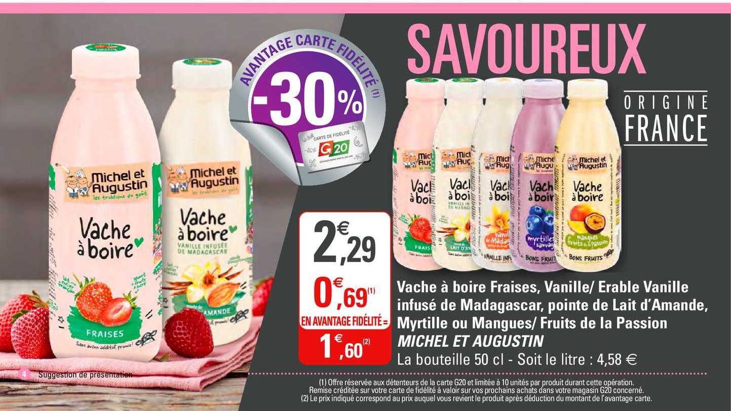 vache à boire fraises vanille erable vanille infusé de madagascar pointe de lait d'amande myrtille ou mangues fruits de la passion michel et augustin