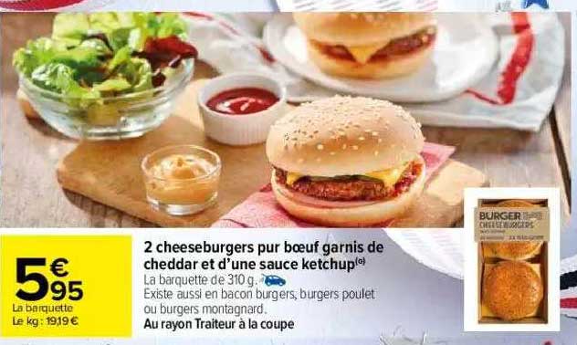 2 cheeseburgers pur bœuf garnis de cheddar et d'une sauce ketchup