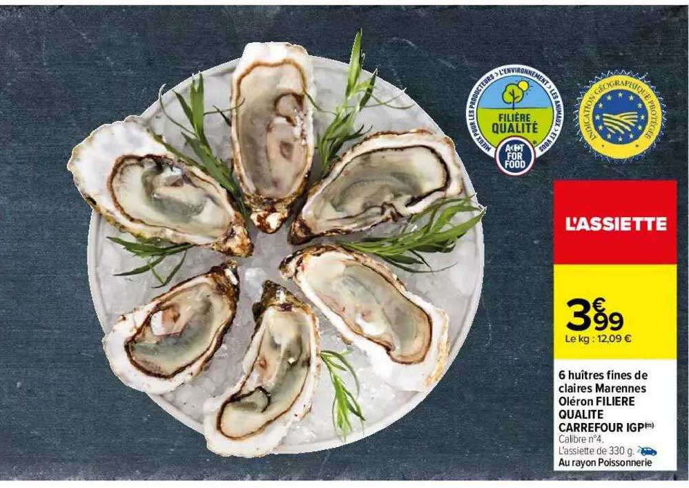 6 huîtres fines de claires marennes oléron filière qualité carrefour igp