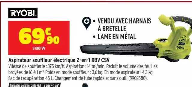 aspirateur souffleur électrique 2-en-1 rbv csv ryobi