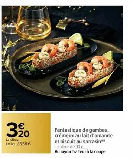 fantastique de gambas, crémeux au lait d'amande et biscuit au sarrasin