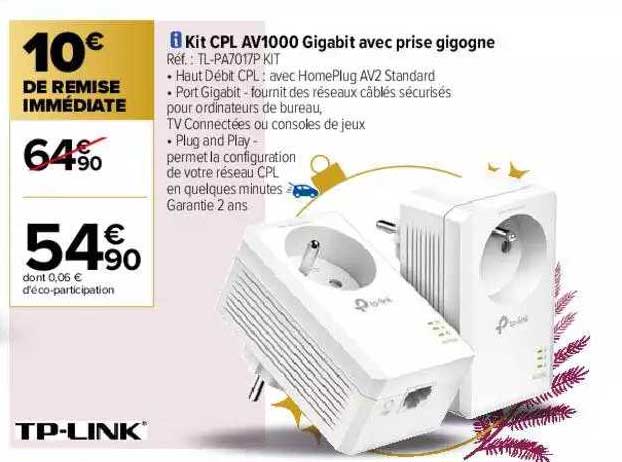 kit cpl av1000 gigabit avec prise gigogne tp-link