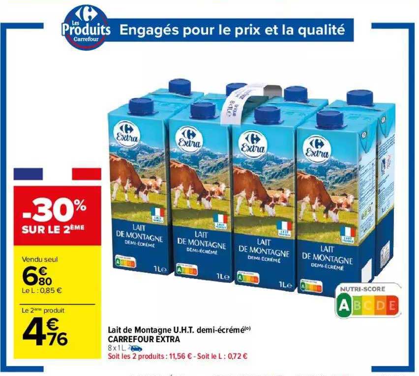 lait de montagne u.h.t. demi-écrémé carrefour extra