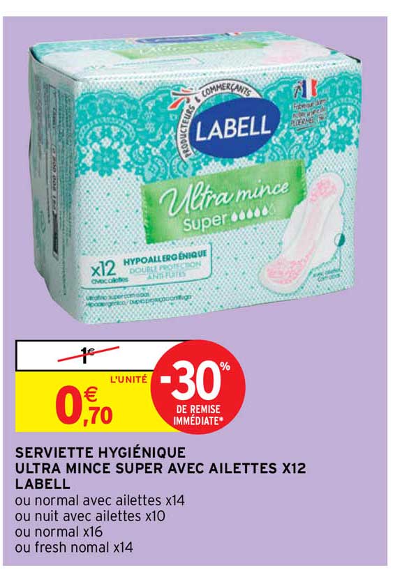 serviette hygiénique ultra mince super avec ailettes x12 labell