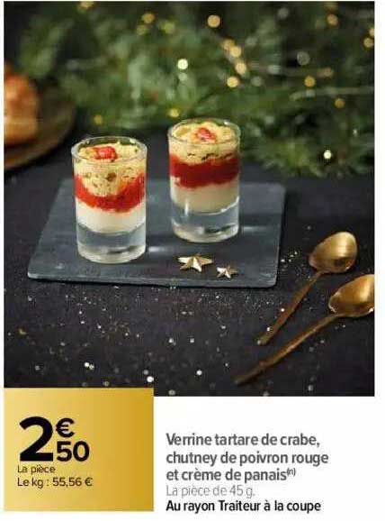 verrine tartare de crabe, chutney de poivron rouge et crème de panais