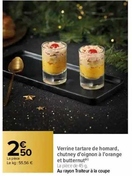 verrine tartare de homard chutney d'oignon à l'orange et butternut