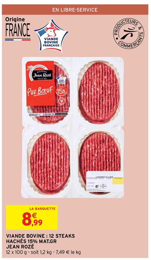 viande bovine : 12 steaks hachés 15% mat. gr. jean rozé