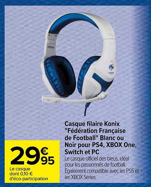 Casque Filaire Konix "fédération Française De Football" Blanc Ou Noir Pour Ps4, Xbox One, Switch Et Pc