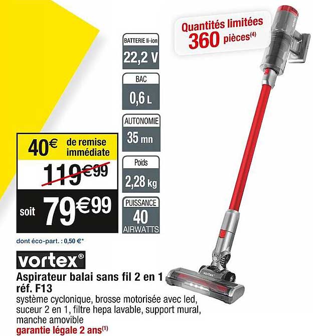 Aspirateur Balai Sans Fil 2 En 1 Vortex