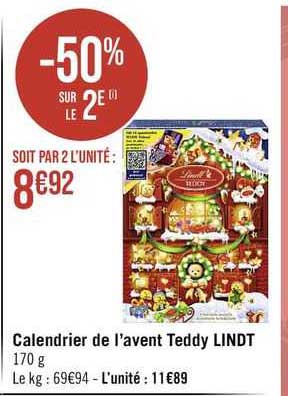 calendrier de l'avent teddy lindt