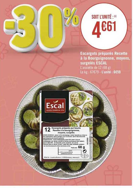 escargots préparés recette à la bourguignonne, moyens, surgelés escal