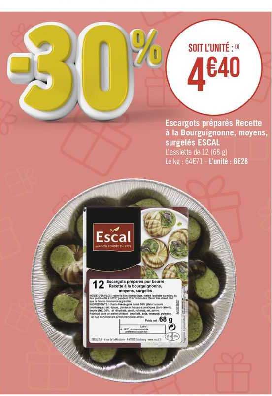 escargots préparés recette à la bourguignonne, moyens, surgelés escal