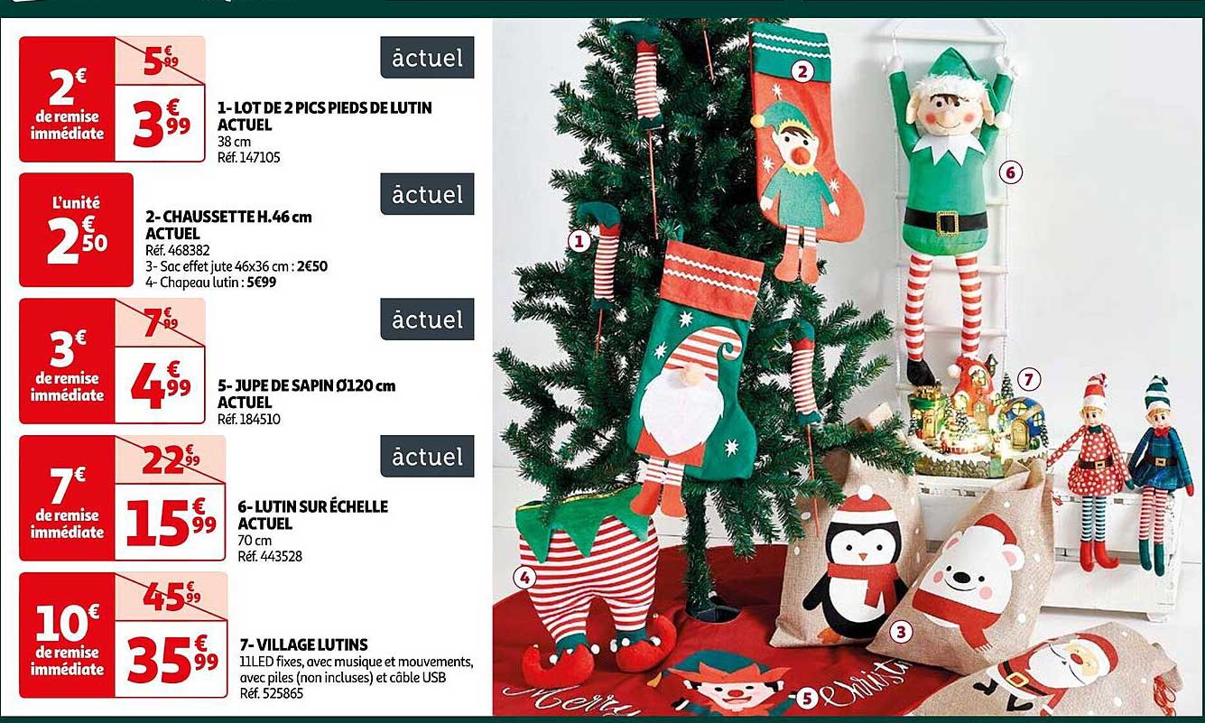 lot de 2 pics pieds de lutin actuel, chaussette h. 46 cm actuel, jupe de sapin ø 120 cm actuel, lutin sur échelle actuel, village lutins