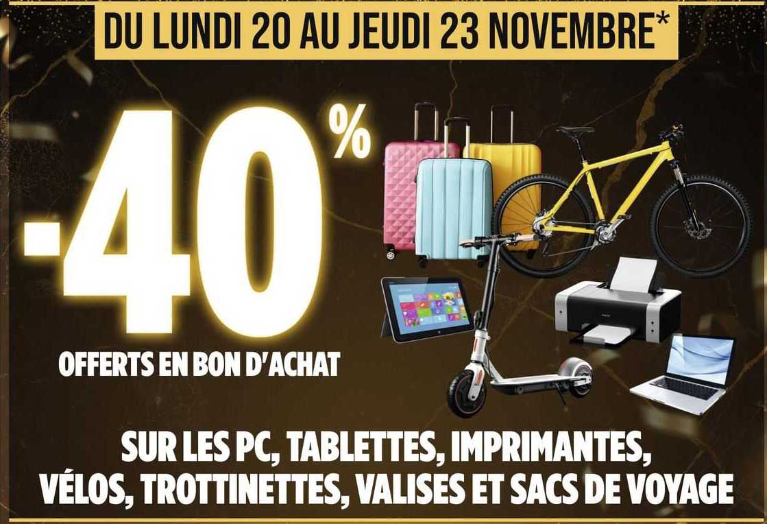 pc, tablettes, imprimantes, vélos, trottinettes, valises et sacs de voyage