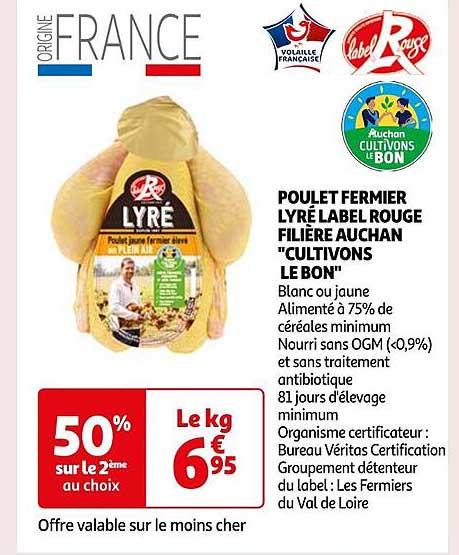 Poulet Fermier Lyré Label Rouge Filière Auchan "cultivons Le Bon"