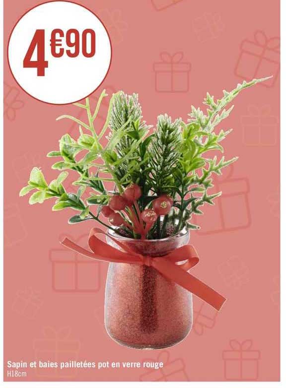 sapin et baies pailletées pot en verre rouge